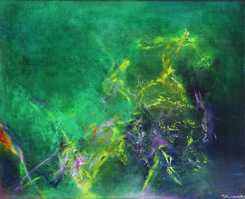 Abstract green oil painting on canvas print | floating framed |  large huge oversize |#296