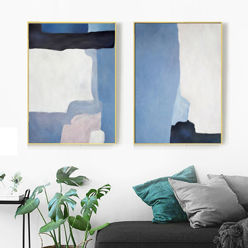 Blue white abstract art print - 75 - huge shadow framed 400g linen canvas wall deco - Wall Liberation