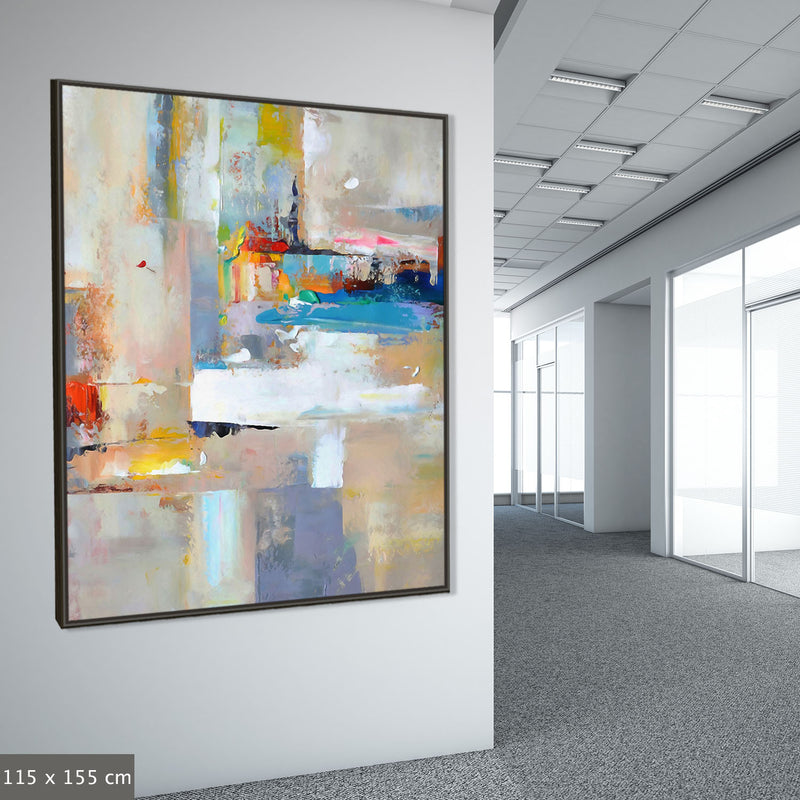 White grey pink modern abstract painting on linen canvas print | floating framed | #783