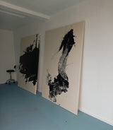 Black white abstract paint stroke art print - large oak framed canvas wall art #1008