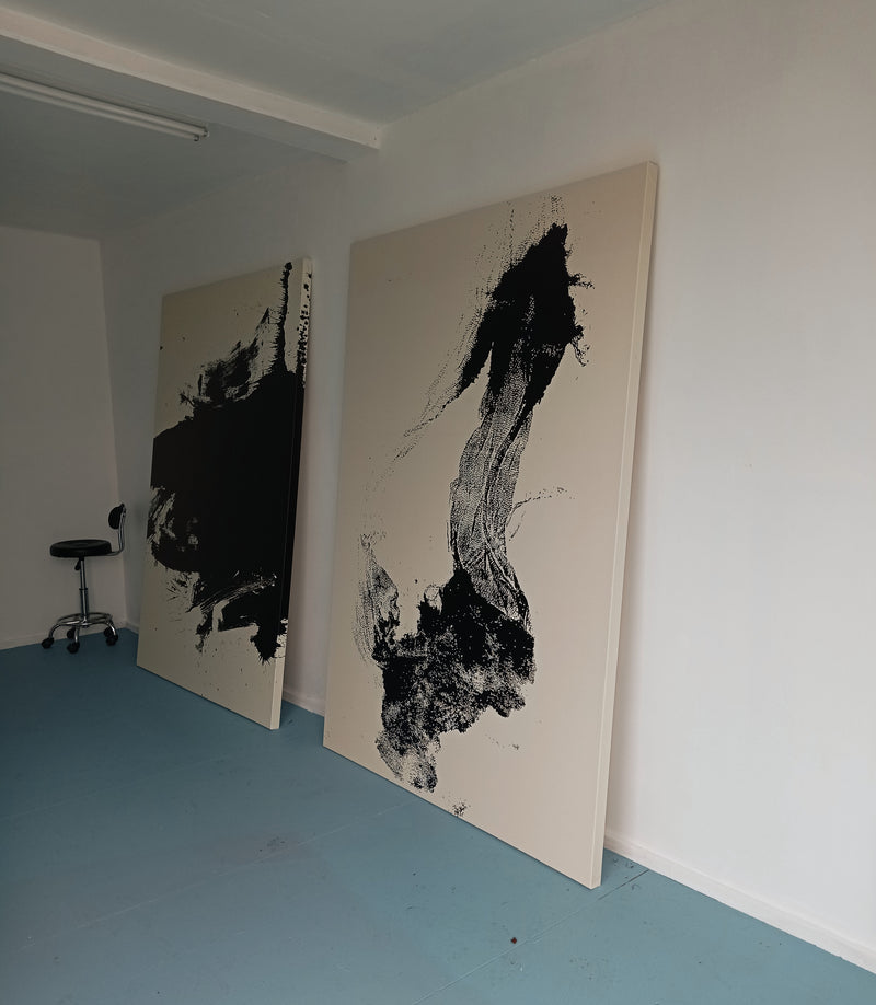 Black white abstract paint stroke art print - large oak framed canvas wall art #1008
