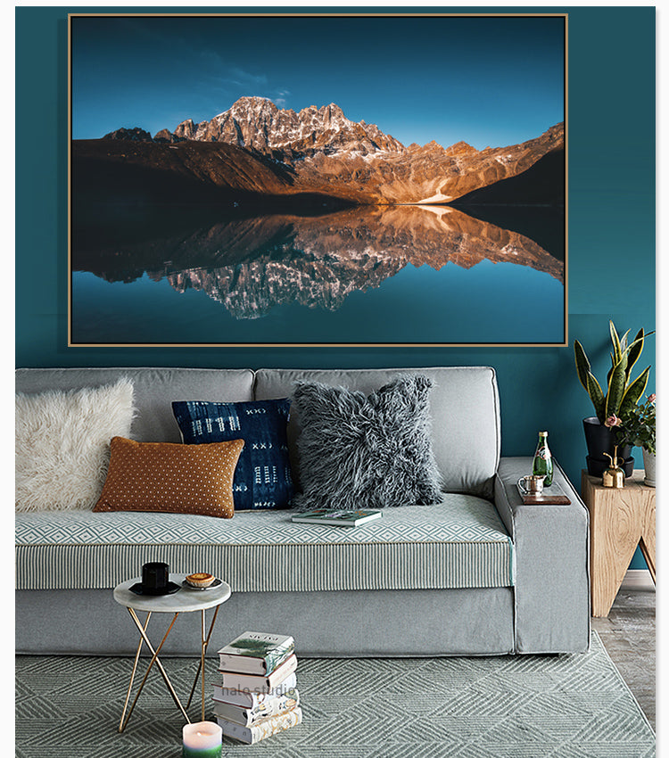 Oversized landscape mountain reflection- linen canvas print | large floating framed | #696