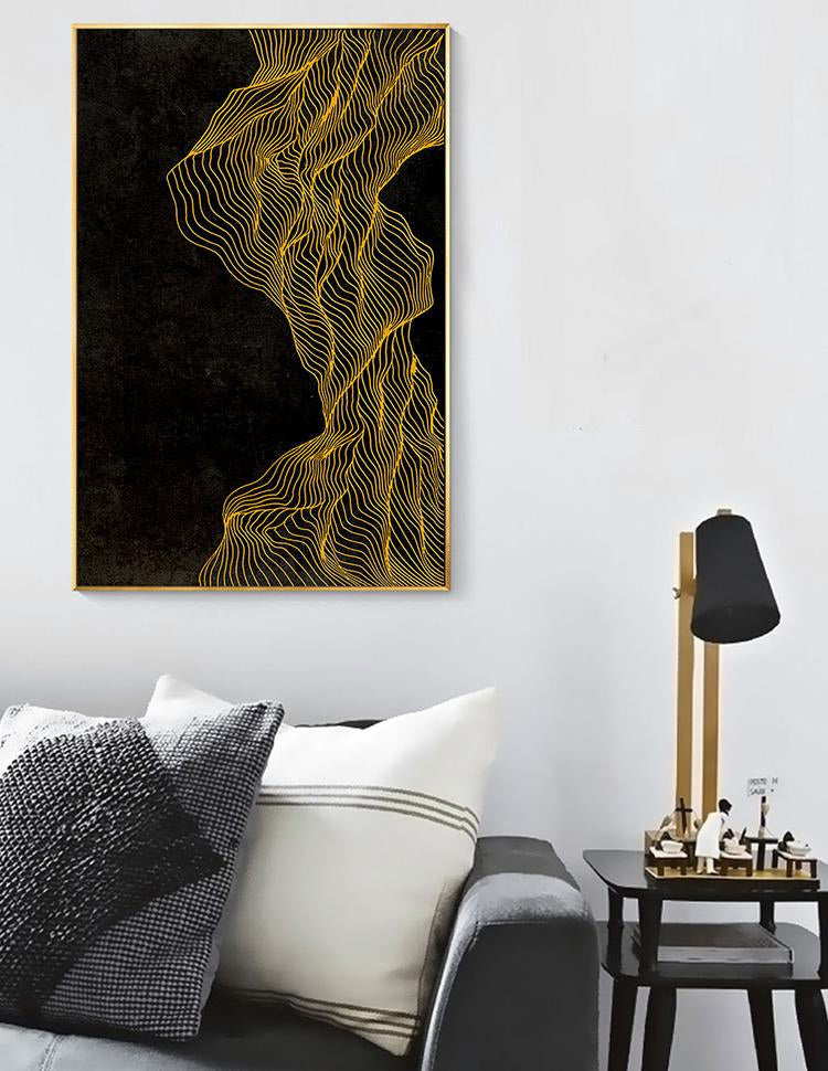 Golden line on black - large oversized  floating framed canvas print - Wall Liberation