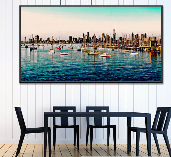 Floating-Framed-Canvas Print - Melbourne City Sea View- 150x80cm, 130x70cm - Wall Liberation